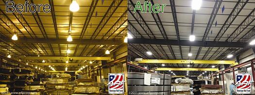 Energy efficient and beautiful lighting before and after picture from Callendar Blvd American Roll Form Products Facility