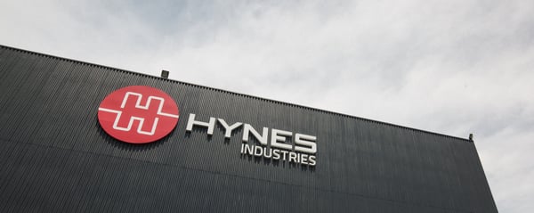 Hynes Industries logo on building at headquarters in Youngstown, Ohio.